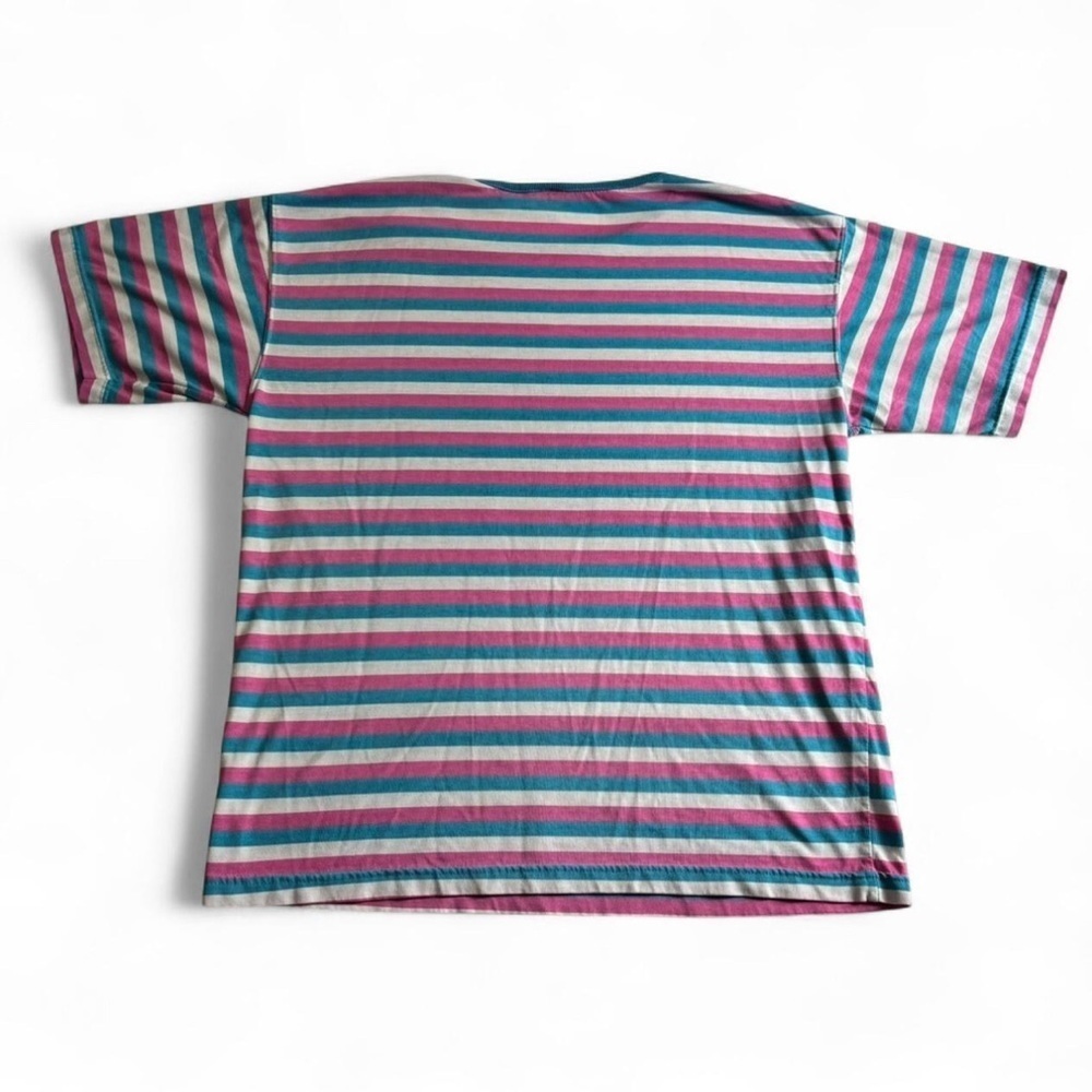 Vintage First Run Women's Medium Stripe Ring Neck T Shirt Pink Blue Boxy Fit - Picture 2 of 4